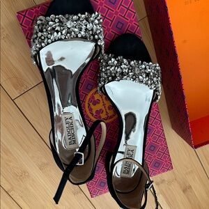 Badgley Mischka Black Jeweled Slingback Sandals with Silver Footbed
